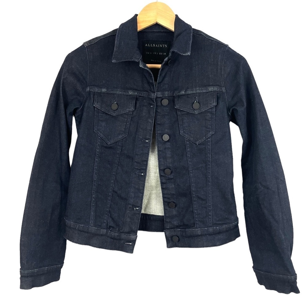 All Saints Denim Jean Jacket Dark Blue Buttons Sz 2